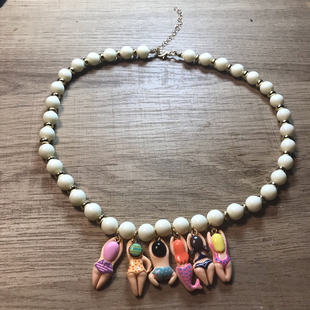 White Beaded Necklace with Colorful Swimmer  Pool Party Charms